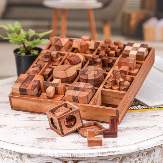 Set of 16 Handcrafted Wooden Logic Puzzles with Storage Box from Thailand – “Logical Challenges”