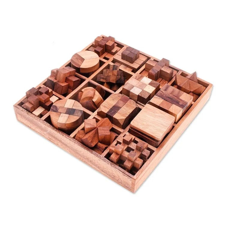 Set of 16 Handcrafted Wooden Logic Puzzles with Storage Box from Thailand – “Logical Challenges”