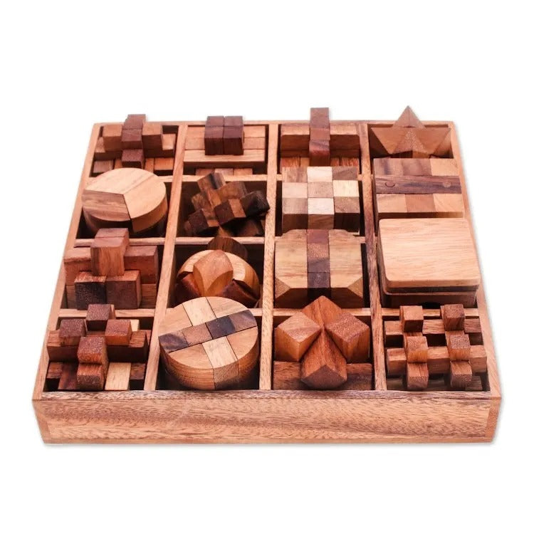Set of 16 Handcrafted Wooden Logic Puzzles with Storage Box from Thailand – “Logical Challenges”