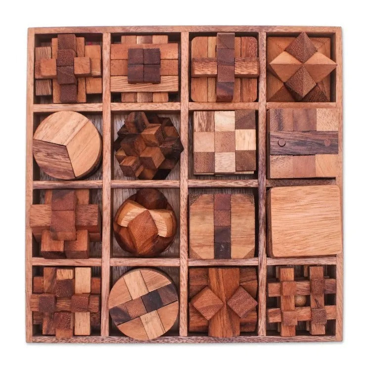 Set of 16 Handcrafted Wooden Logic Puzzles with Storage Box from Thailand – “Logical Challenges”