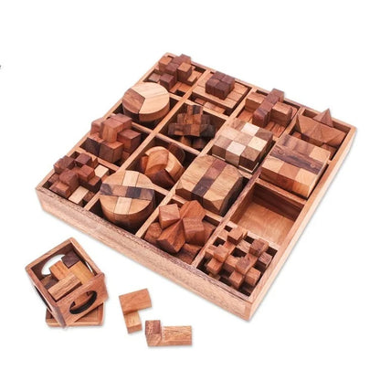 Set of 16 Handcrafted Wooden Logic Puzzles with Storage Box from Thailand – “Logical Challenges”