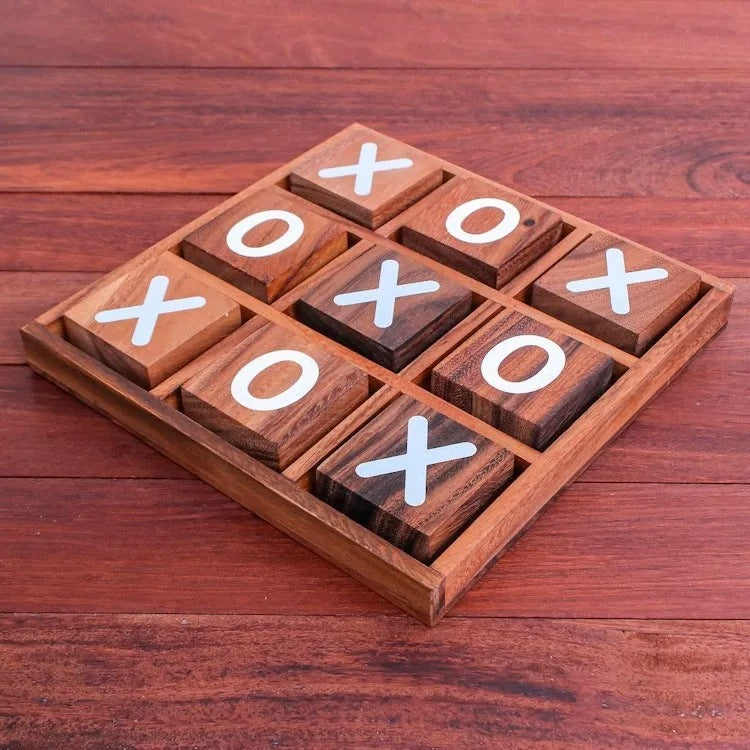Hand-Painted Raintree Wood Tic-Tac-Toe Game from Thailand – “Simple Strategy