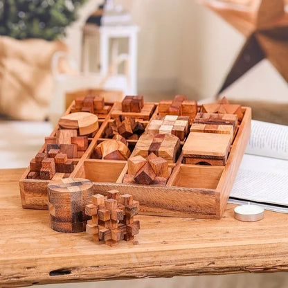 Set of 16 Handcrafted Wooden Logic Puzzles with Storage Box from Thailand – “Logical Challenges”