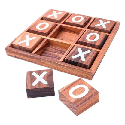 Hand-Painted Raintree Wood Tic-Tac-Toe Game from Thailand – “Simple Strategy