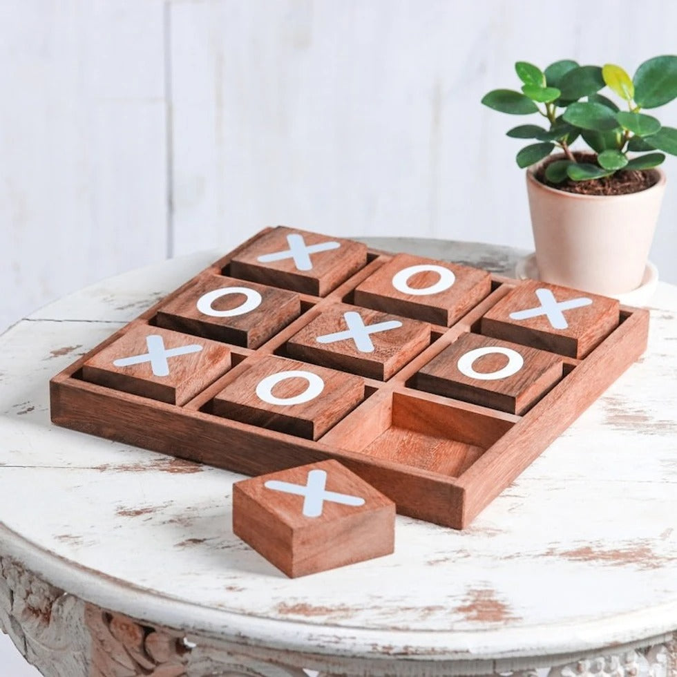 Hand-Painted Raintree Wood Tic-Tac-Toe Game from Thailand – “Simple Strategy