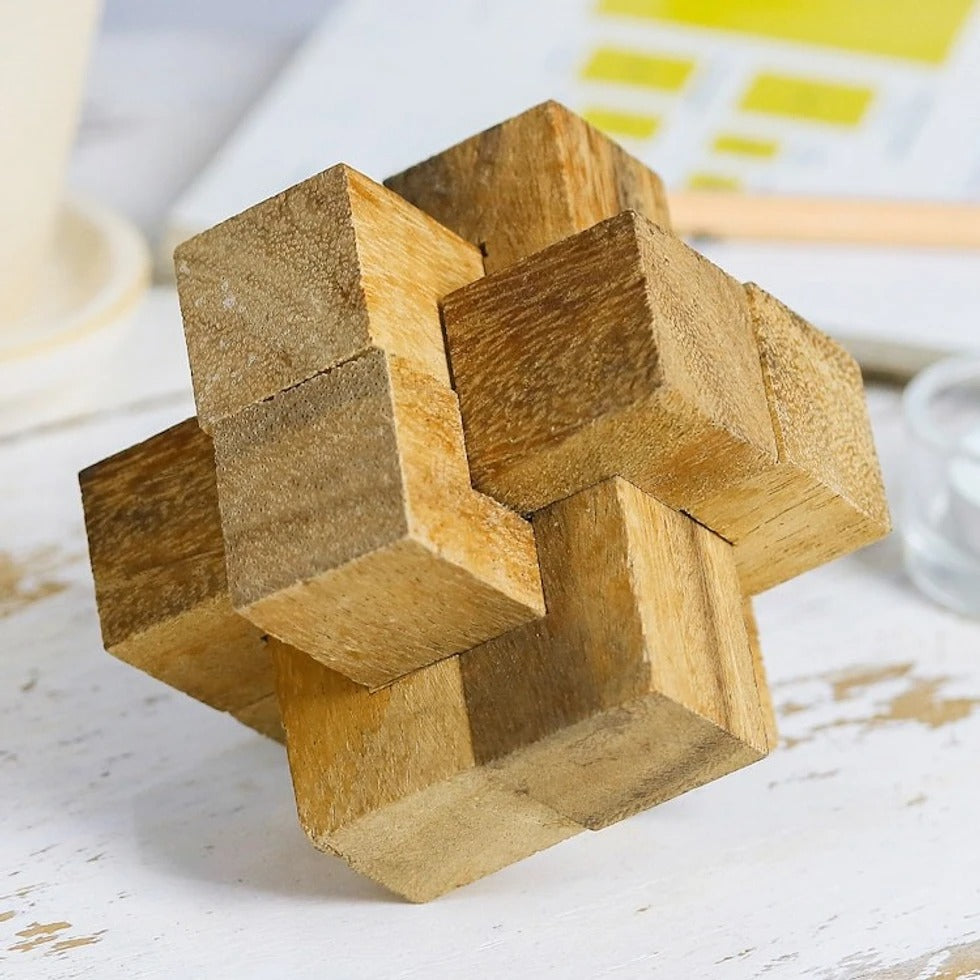 Handmade 6-Piece Wooden Puzzle from Thailand – “Wood Burr”